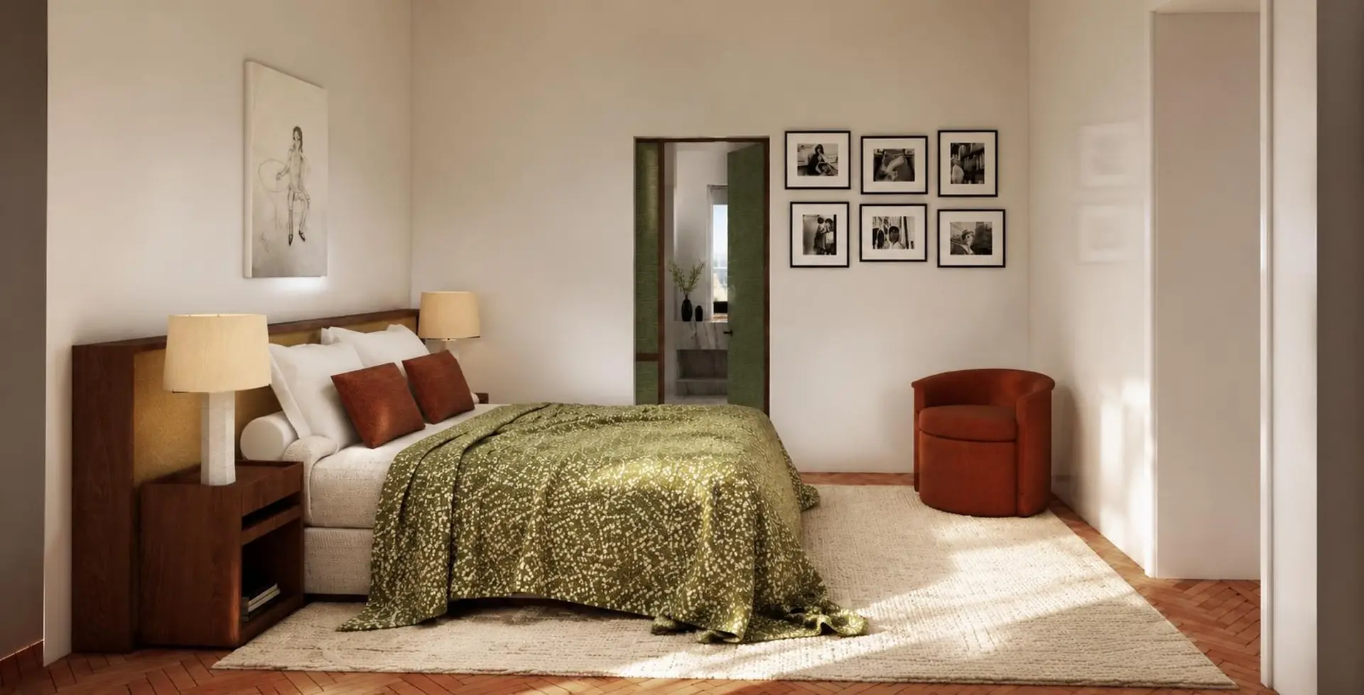 Chambre principale, plaid vert olive, mur de photographies noir et blanc