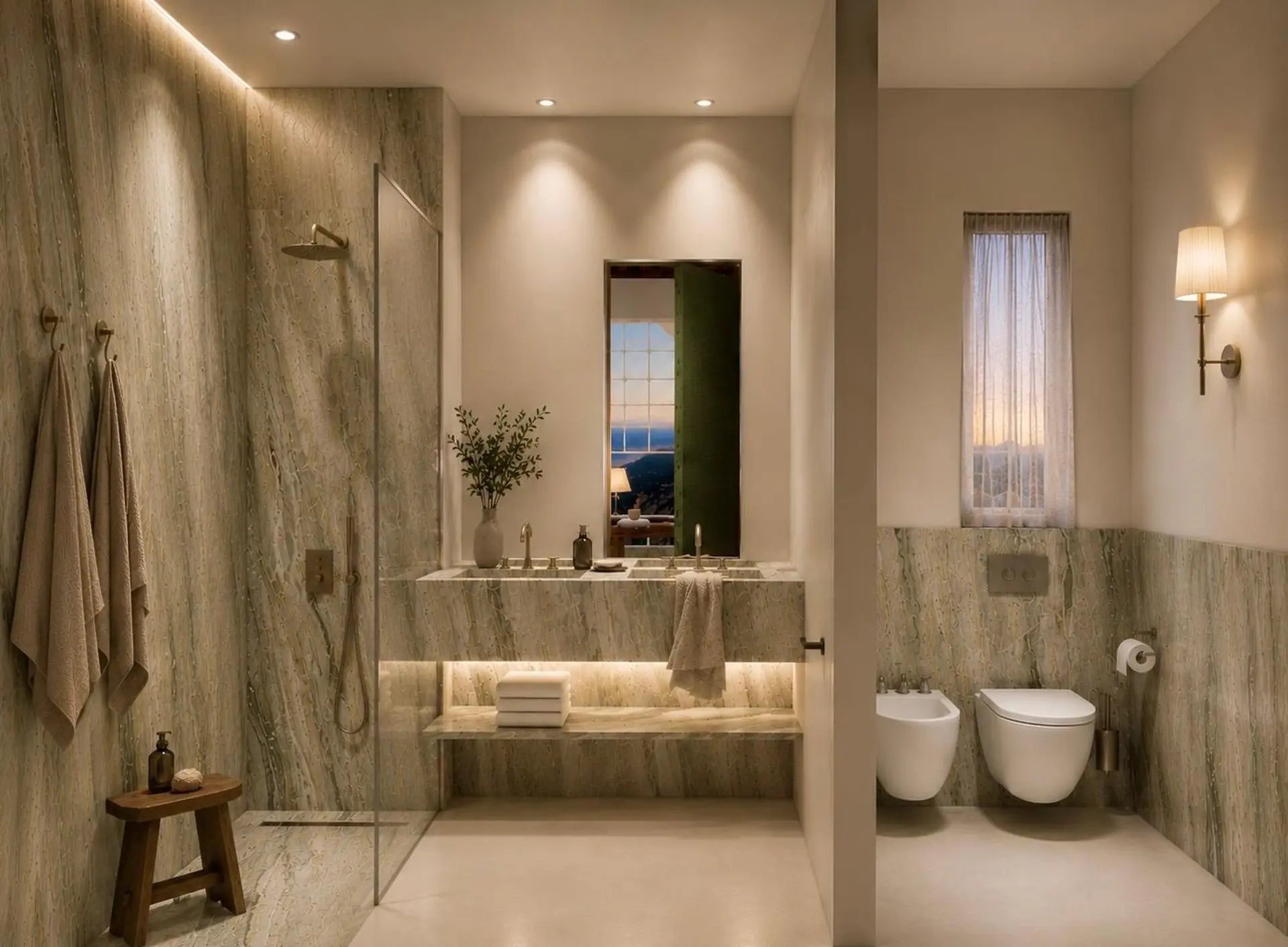 Salle de bains habillée d'onyx veiné, douche à l'italienne, vue sur le paysage